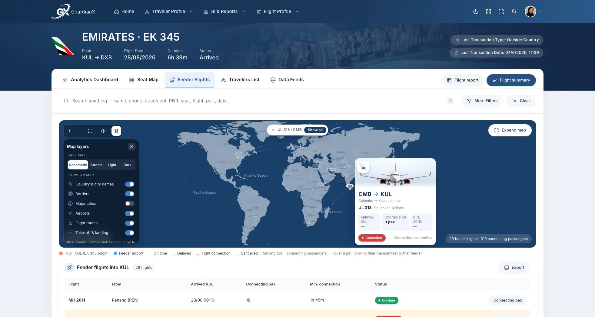 GuardianX: flight EK 345 with a world map of feeder flights and connecting passengers