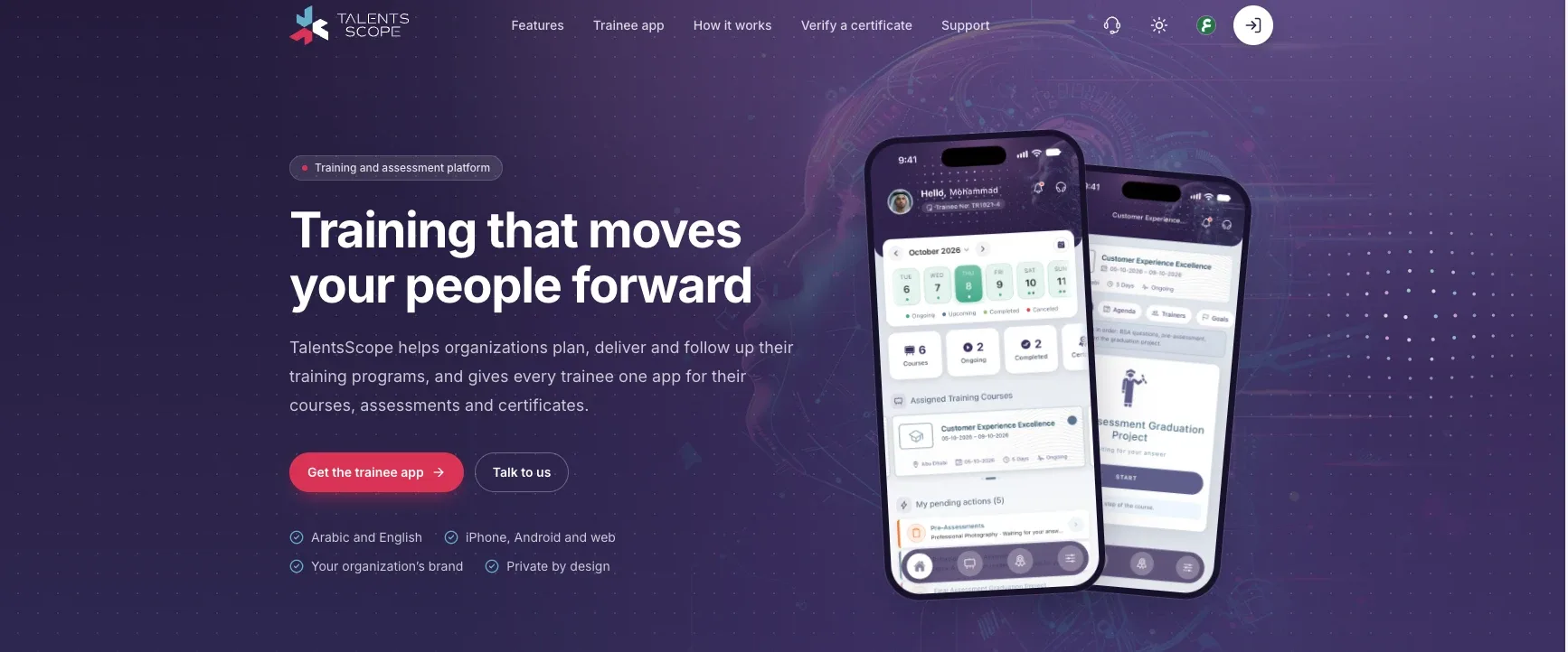 TalentsScope: landing page with the trainee mobile app on iPhone